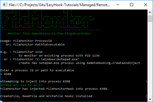 FileMonitor Inject into notepad using process Id